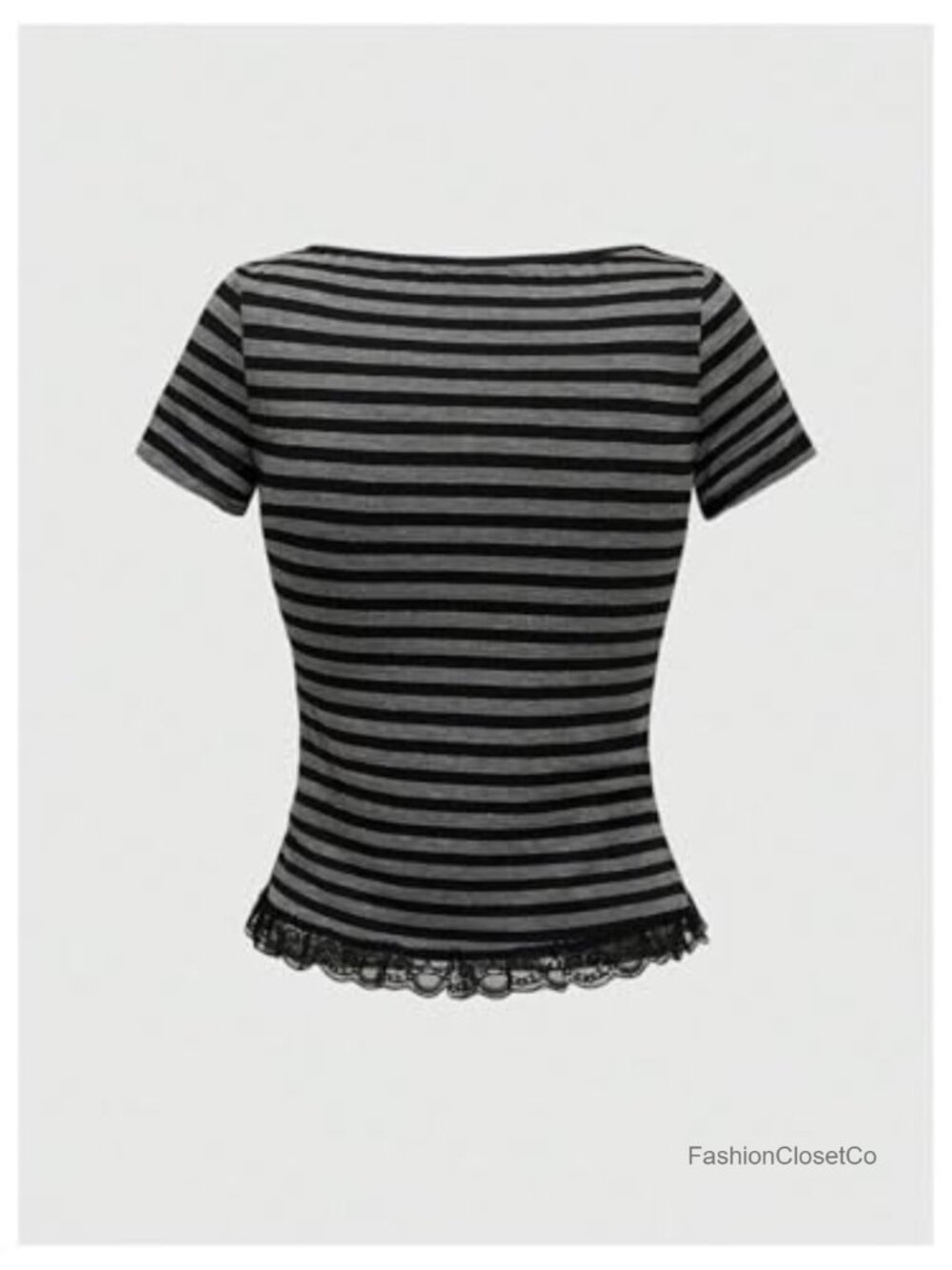 Lace Trim Striped Square Neck Short Sleeve Tee Fitted Y2K Top - Picture 2 of 4